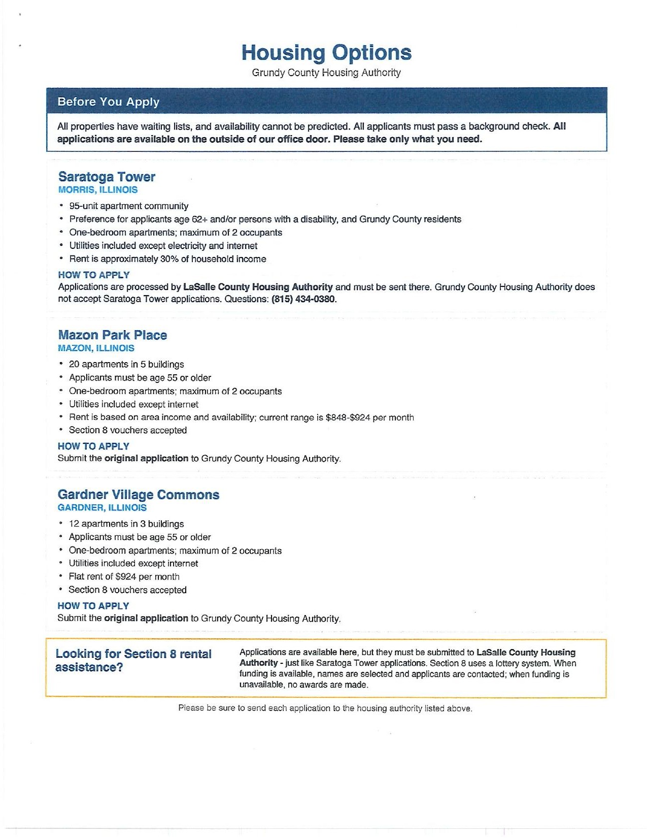 Grundy County Housing Authority Housing Options flyer listing Saratoga Tower in Morris, Mazon Park Place in Mazon, and Gardner Village Commons in Gardner, with eligibility and application instructions for each property