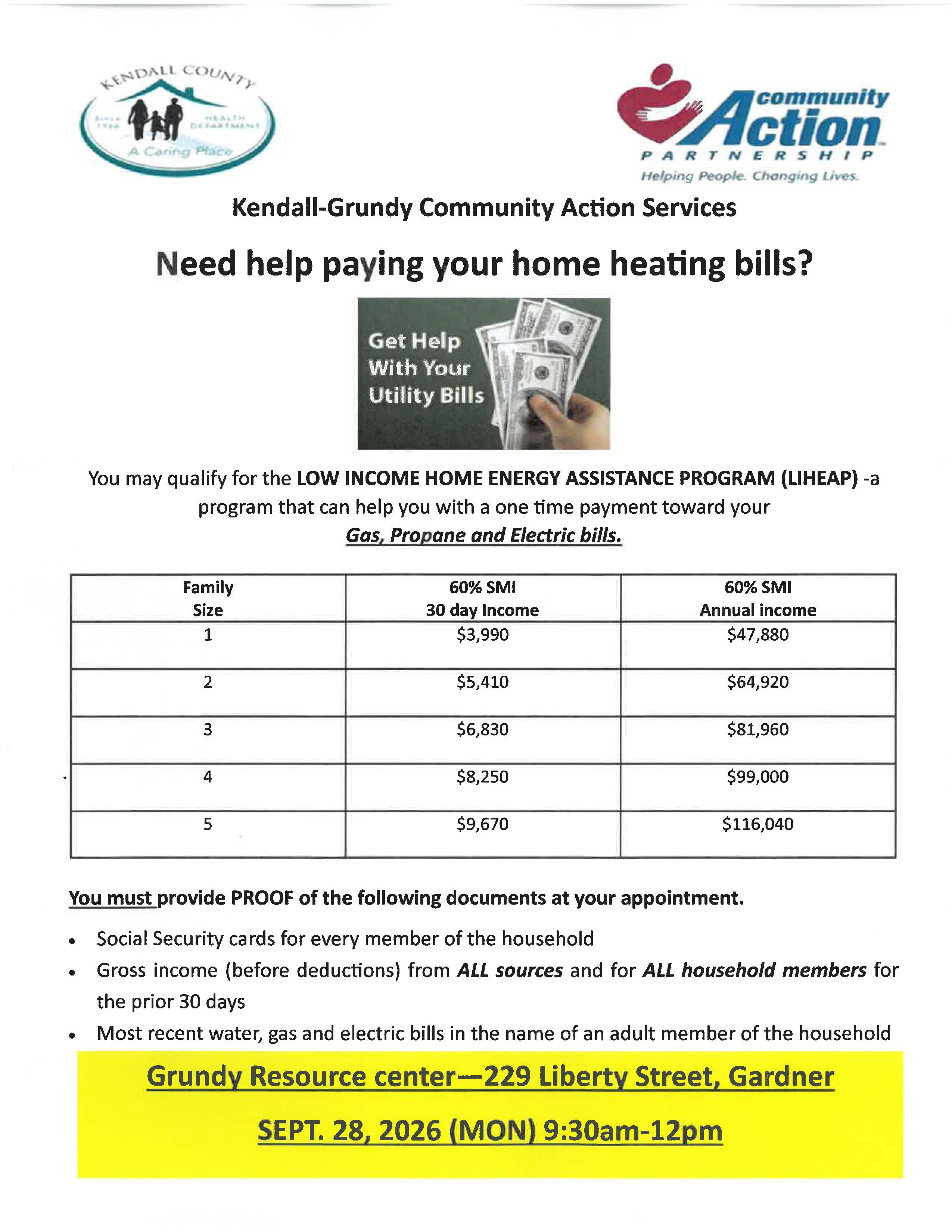 Kendall-Grundy Community Action Services LIHEAP flyer — home heating bill assistance, Grundy Resource Center, 229 Liberty Street, Gardner, September 28, 2026, 9:30am-12pm
