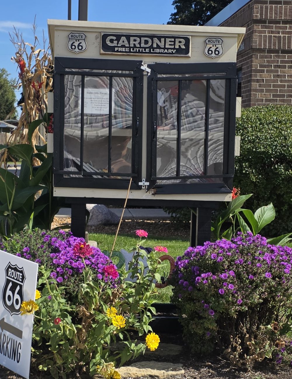 The Gardner Free Little Library, a glass-front book cabinet with Route 66 signs, surrounded by purple asters and zinnias