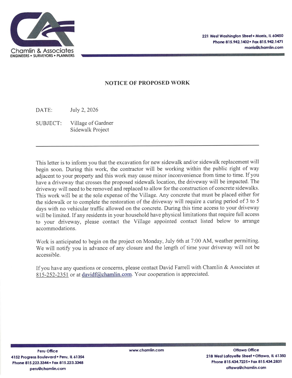 Notice of Proposed Work — Village of Gardner Sidewalk Project, Chamlin & Associates, July 2, 2026