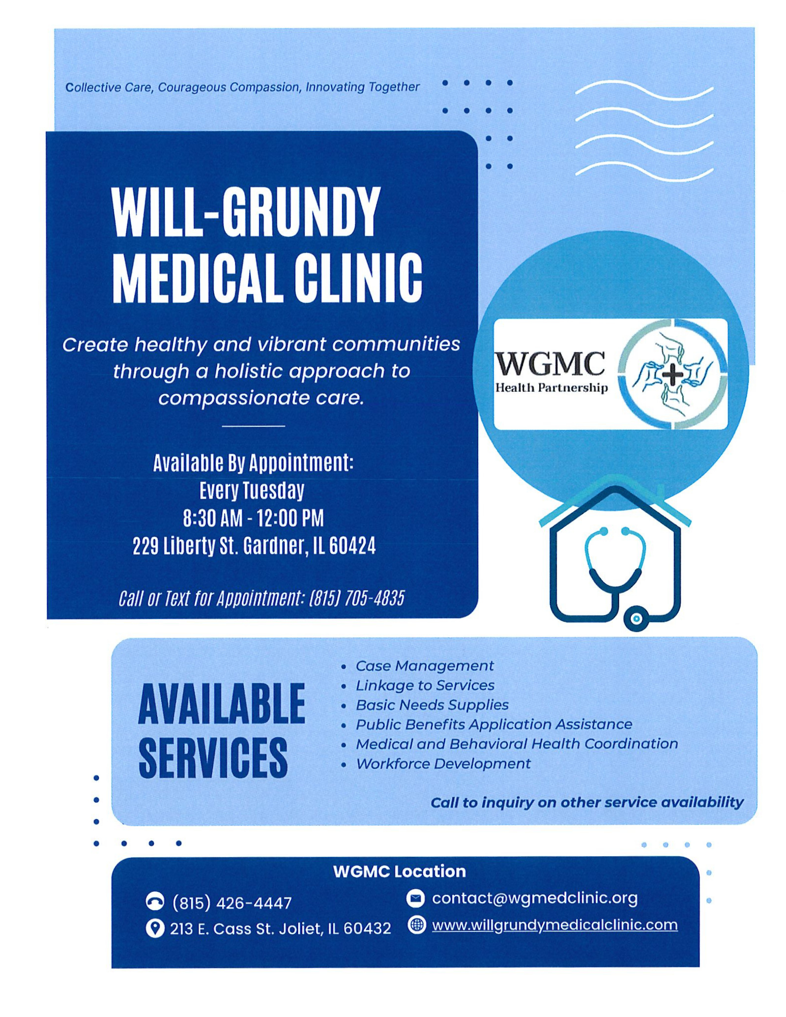 Will-Grundy Medical Clinic flyer — available by appointment every Tuesday 8:30am-12:00pm at 229 Liberty St, Gardner, IL 60424, call or text (815) 705-4835 for appointment